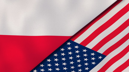 The flags of Poland and United States. News, reportage, business background. 3d illustration