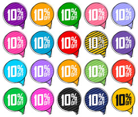 Set Sale 10% off, offer speech bubble banners design template, discount tags, vector illustration