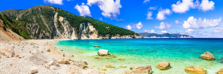 Best beaches of Kefalonia (Cephalonia)island  - Mirtos with turquoise transparent sea. ionian islands of Greece - obrazy, fototapety, plakaty