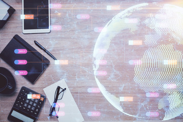 Double exposure of map sketch and table top veiw. Concept of international data.