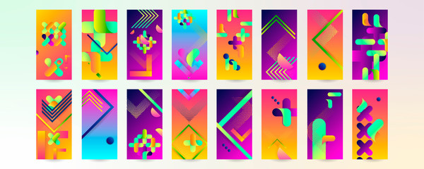 Abstract set card background with fun color for doodle geometric background. Vector trend design dot lines and gradients