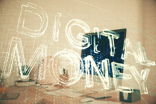 Double exposure of crypto technology theme drawing and office interior background. Concept of blockchain.