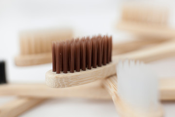 vegan bamboo toothbrushes close-up, eco bathroom without plastic