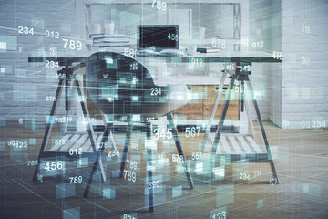 Multi exposure of data theme drawing and office interior background. Concept of technology.