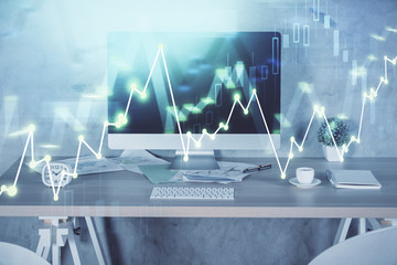 Multi exposure of financial graph drawing and office interior background. Concept of market...