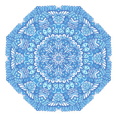 Medallion mandala vector blue and white pattern with arabesques and floral elements.