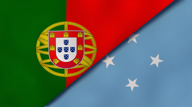 The flags of Portugal and Micronesia. News, reportage, business background. 3d illustration