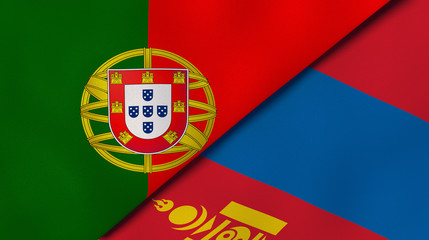 The flags of Portugal and Mongolia. News, reportage, business background. 3d illustration