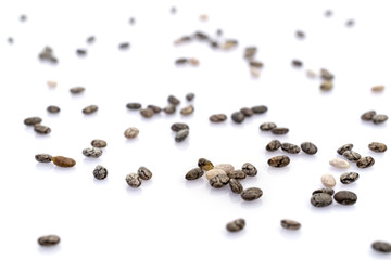 Grains Chia organic seeds isolated on white. Pile healthy food background. Clean-eating food with antioxidant, omega-3, protein and copy space.