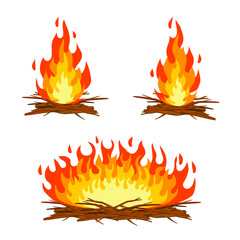 Red campfire. Orange flame. Tourist bonfire. Element of hike and fire. Heat and hot object. Cartoon flat illustration