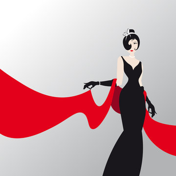 Cute girl with red shawl , fashion silhouette of an woman in a long black dress and red palantine