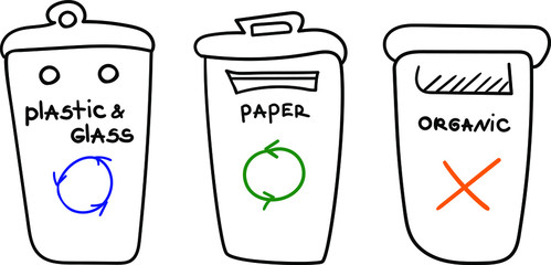 Doodle trash cans icons design, garbage bins for sorting waste, plastic can, paper recycling, organic waste container, flat painting isolated vector illustration