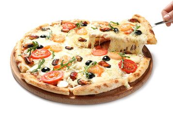 Woman taking slice of cheese pizza with seafood on white background, closeup