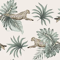 Foto op Plexiglas Tropische print Vintage tropische palmbladeren, cheetah met dieren in het wild dierlijke bloemen naadloze patroon ivoor achtergrond. Exotisch junglebehang.