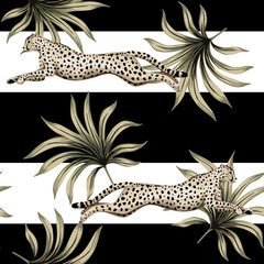 Vintage tropikalny liści palmowych, gepard działa dzikiej przyrody zwierząt kwiatowy wzór w paski. Tapeta egzotycznej dżungli. - 337853734