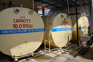 Raw milk stored in tankers for milk chilling at a dairy plant