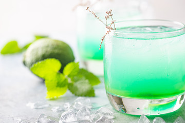 glass of cold drink with fresh mint leaves and ice cubes