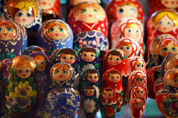 Fototapeta na wymiar Colorful Russian dolls at the market