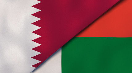 The flags of Qatar and Madagascar. News, reportage, business background. 3d illustration