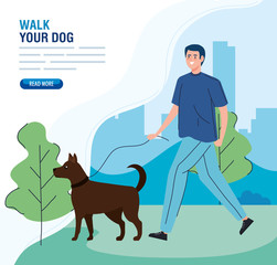 man walking your dog in the park vector illustration design