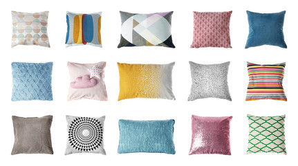 Set of different pillows on white background - Powered by Adobe