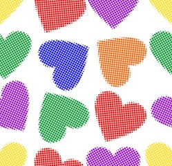 LGBT halftone hearts in rainbow colors, seamless tile, textile, wrapping paper design. Cute heart shapes on white background. Vector design.