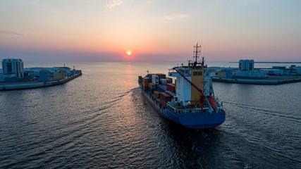 Aerial view at sunset of a cargo ship in the Gulf of Finland