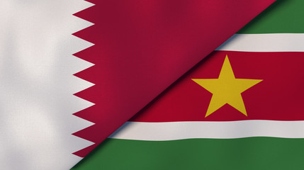 The flags of Qatar and Suriname. News, reportage, business background. 3d illustration