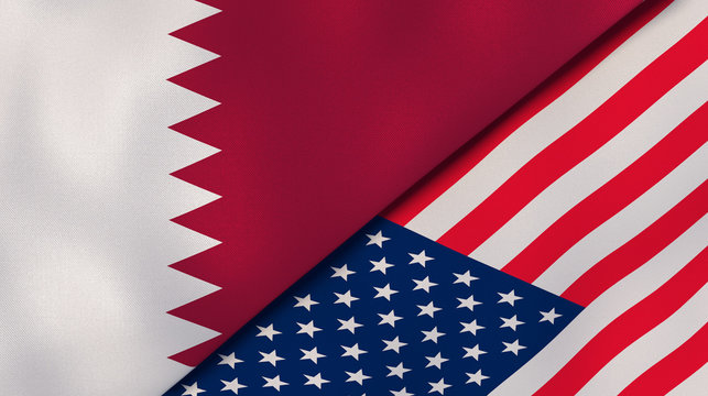 The flags of Qatar and United States. News, reportage, business background. 3d illustration