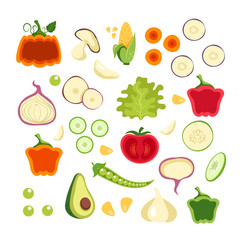 Slice cut vegetables simple collection isolated set. Vector flat cartoon graphic design illustration