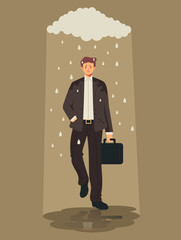 Sad man office worker character under rain. Bad luck concept. Vector flat cartoon graphic design illustration