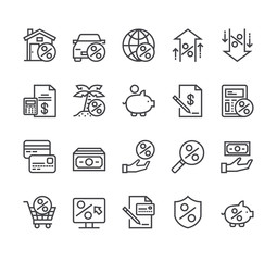 Fototapeta premium Credit and loan bank line icon isolated set. Vector flat cartoon graphic design