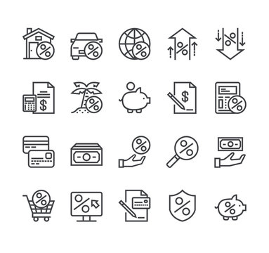 Credit and loan bank line icon isolated set. Vector flat cartoon graphic design