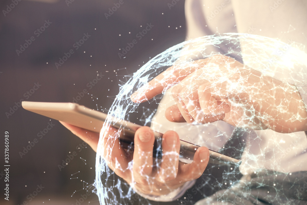 Poster double exposure of man's hands holding and using a phone and social network theme drawing.