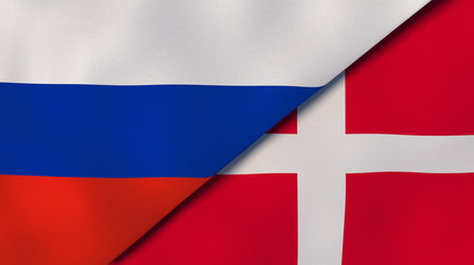 The flags of Russia and Denmark. News, reportage, business background. 3d illustration