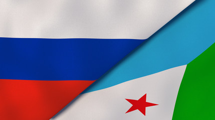 The flags of Russia and Djibouti. News, reportage, business background. 3d illustration