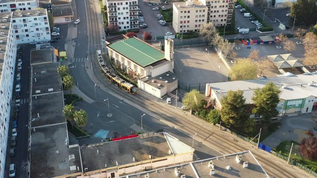 Aerial view of montpellier's tramway, travelling forward