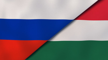 The flags of Russia and Hungary. News, reportage, business background. 3d illustration