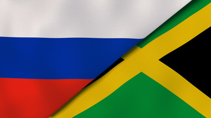 The flags of Russia and Jamaica. News, reportage, business background. 3d illustration