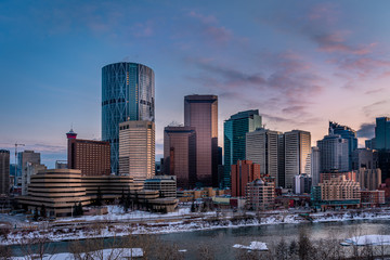 Fototapeta premium Calgary's skyline at night along the Bow River. 