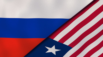 The flags of Russia and Liberia. News, reportage, business background. 3d illustration