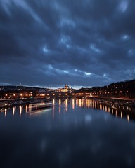 Nighttime reflection of Prague Castle in Prague, Czech Republic