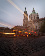 Light trails from a tram in Prague