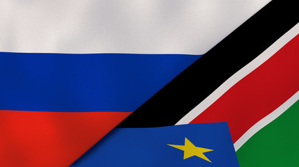 The flags of Russia and South Sudan. News, reportage, business background. 3d illustration