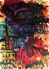 watercolor drawing of a thunderstorm over a city, over spiers and couples.