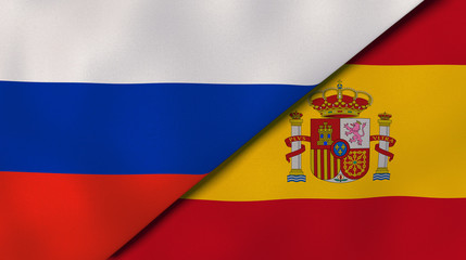 The flags of Russia and Spain. News, reportage, business background. 3d illustration