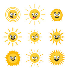 Happy smiling sun characters comic isolated set collection. Vector flat cartoon graphic design illustration