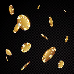 Golde casino poker chips falling isolated on black transparency background - 337865124