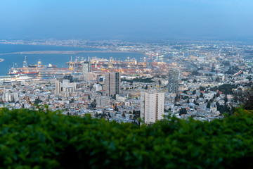 Fototapeta na wymiar Evening view of Haifa town from Bahai Gardens in Israel with blurred green bushes on the foreground