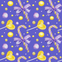 Bright colors candy sweets seamless pattern. Watercolor hand drawn candies Lollipops illustration on blue background. Fabric texture, scrapbook paper design.